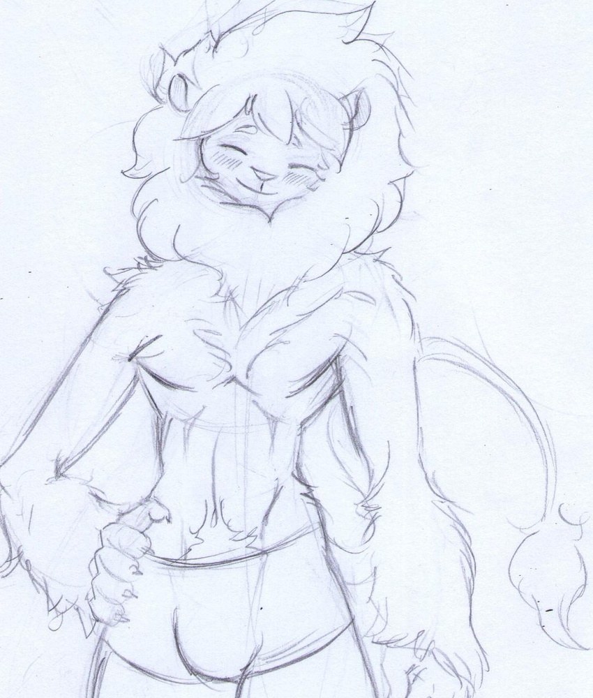 2019 anthro arm_tuft athletic athletic_anthro athletic_male blush blush_lines body_hair chest_tuft closed_eyes clothed clothing felid fluffy forearm_tuft forearms happy happy_trail hi_res lion male mammal mane noirchaton4 nude pantherine smile solo topless tuft