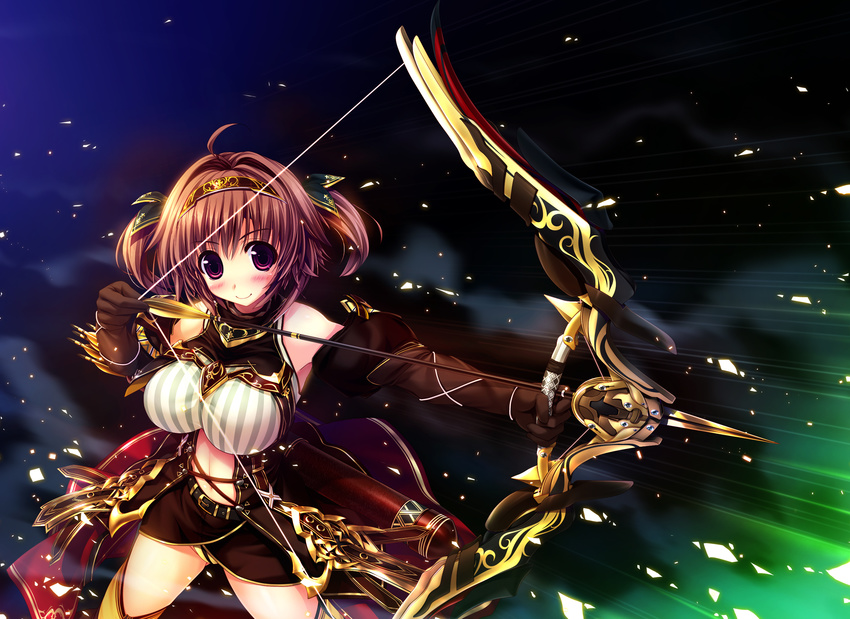 aiming arrow_(projectile) bow_(weapon) breasts drawing_bow elbow_gloves female gloves halterneck highres holding holding_arrow holding_bow_(weapon) holding_weapon large_breasts oshiki_hitoshi outstretched_arm panties pink_eyes pink_hair quiver sakigake_generation! shikishima_natsume skirt solo two_side_up underwear weapon yellow_panties