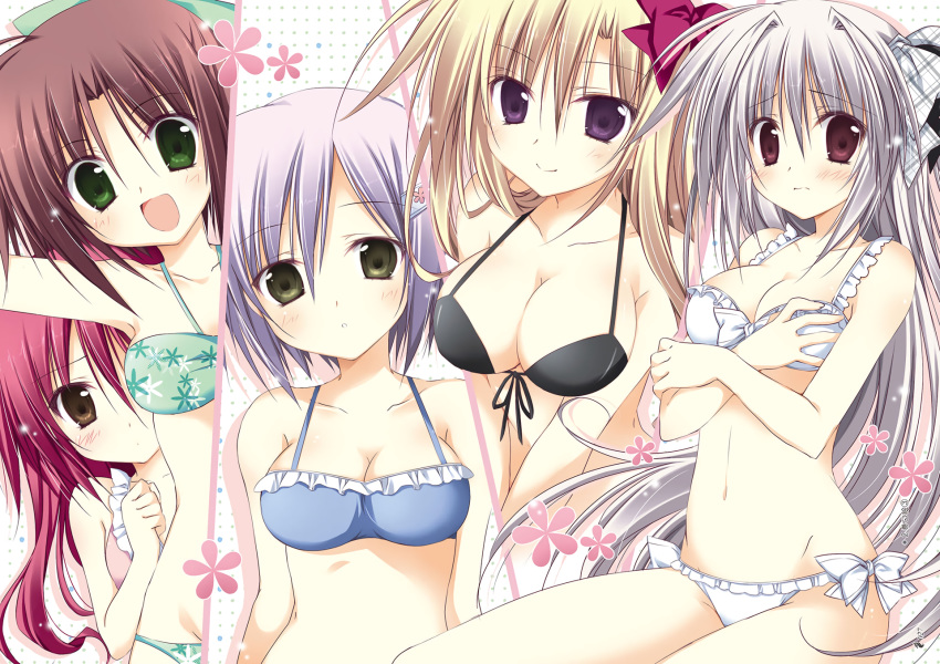 bikini blonde_hair blush bow breast_hold breasts brown_eyes brown_hair cleavage firill_crest gray_hair green_eyes group iris_freyja juuoumujin_no_fafnir korie_riko lisa_highwalker navel purple_eyes purple_hair red_hair ren_miyazawa riella_lu short_hair swimsuit