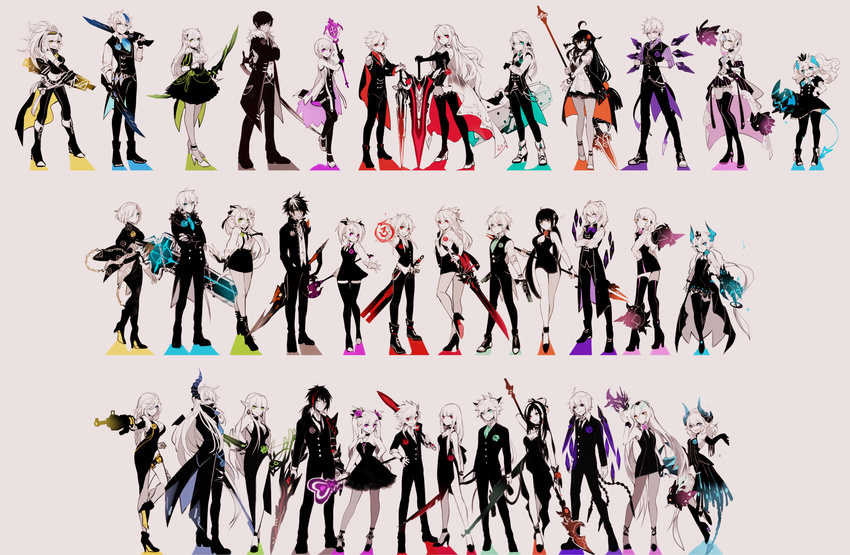 6+boys 6+girls :d add_(elsword) ahoge aiguillette aisha_landar ankle_boots ara_haan ascot asura_(elsword) bare_legs bare_shoulders belt blade_master_(elsword) blazing_heart_(elsword) boots breasts buttons chiliarch_(elsword) chung_seiker ciel_(elsword) cleavage closed_mouth code:_battle_seraph_(elsword) code:_empress_(elsword) code:_nemesis_(elsword) commentary_request creature crimson_avenger_(elsword) crimson_rose_(elsword) crown deadly_chaser_(elsword) demonio_(elsword) diabla_(elsword) diabolic_esper_(elsword) dimension_witch_(elsword) dreadlord_(elsword) dress dual_wielding elbow_gloves elemental_master_(elsword) elesis_(elsword) elsword elsword_(character) epaulettes eve_(elsword) female_gunner_(dungeon_and_fighter) fighting_stance floating flower formal freyja_(elsword) full_body gloves grand_archer_(elsword) grand_master_(elsword) gun hands_on_own_hips head_tilt high_heels highres holding holding_sword holding_weapon horns index_finger_raised infinity_sword_(elsword) iron_paladin_(elsword) jacket kio_(cua_tribal) knee_boots large_breasts leg_up limited_palette long_hair long_sleeves looking_at_viewer lord_knight_(elsword) luciela_r._sourcream lunatic_psyker_(elsword) mastermind_(elsword) multicolored_hair multiple_boys multiple_girls navel night_watcher_(elsword) noblesse_(elsword) one_eye_covered open_clothes open_jacket open_mouth own_hands_clasped own_hands_together pants pantyhose pigeon-toed pointy_hair ponytail raven_cronwell reckless_fist_(elsword) rena_erindel rose rose_(elsword) royal_guard_(elsword) rune_slayer_(elsword) sakra_devanam_(elsword) scepter sleeveless sleeveless_dress small_breasts smile standing standing_on_one_leg stomach storm_trooper_(elsword) streaked_hair suit sword tactical_trooper_(elsword) tassel thighhighs turtleneck twintails unsheathed very_long_hair vest veteran_commander_(elsword) void_princess_(elsword) wavy_hair weapon wind_sneaker_(elsword) wrist_cuffs yama_raja_(elsword) zettai_ryouiki