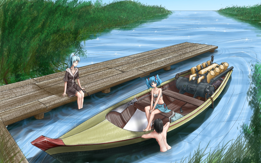 3girls bad_link barefoot black_hair blue_eyes blue_hair boat dark_haired_kappa day engine glasses glasses_kappa hater_(hatater) highres kappa_mob_(touhou) kawashiro_nitori multiple_girls nature nude outdoors partially_submerged pier ponytail sitting soaking_feet touhou twintails water watercraft