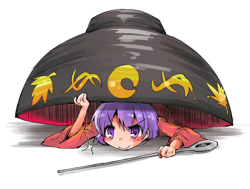 bowl commentary_request female hiding holding holding_needle long_sleeves lying needle on_stomach purple_eyes purple_hair shinapuu smile solo sparkle sukuna_shinmyoumaru touhou wide_sleeves