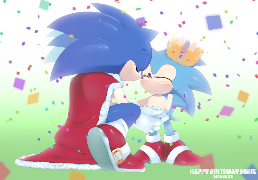 2018 anthro blue_body blue_fur cape classic_sonic classic_sonic_(universe) clothed clothing confetti crown duo eulipotyphlan fur gloves handwear headgear hedgehog hi_res male mammal r18 sega smile sonic_the_hedgehog sonic_the_hedgehog_(series) square_crossover