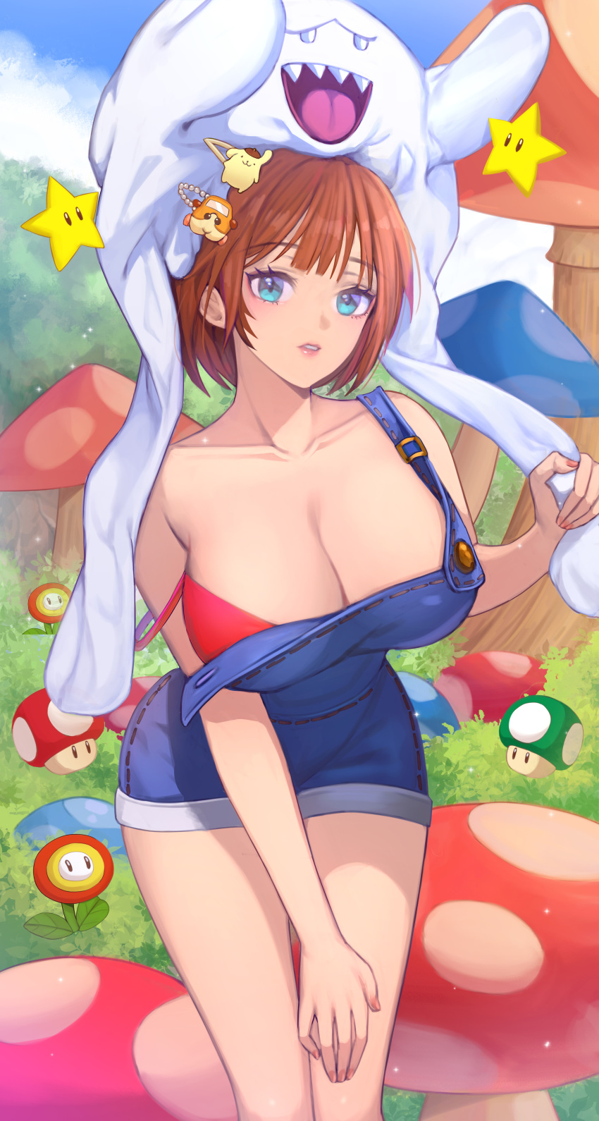 1-up_mushroom absurdres aqua_eyes blue_dress boo_(mario) bra breasts brown_hair cleavage cloud collarbone creature_on_head crossover day denim_dress dress female fire_flower genderswap_(mtf) ghost hair_ornament hairclip hand_on_own_thigh highres large_breasts looking_at_viewer mario mario_(series) molcar mushroom oeun outdoors oversized_plant parted_lips pompompurin potato_(pui_pui_molcar) pui_pui_molcar red_bra rule_63 sanrio short_hair solo star_(symbol) strap_slip super_mario_bros._wonder super_mushroom super_star_(mario) talking_flower_(mario) tongue underwear