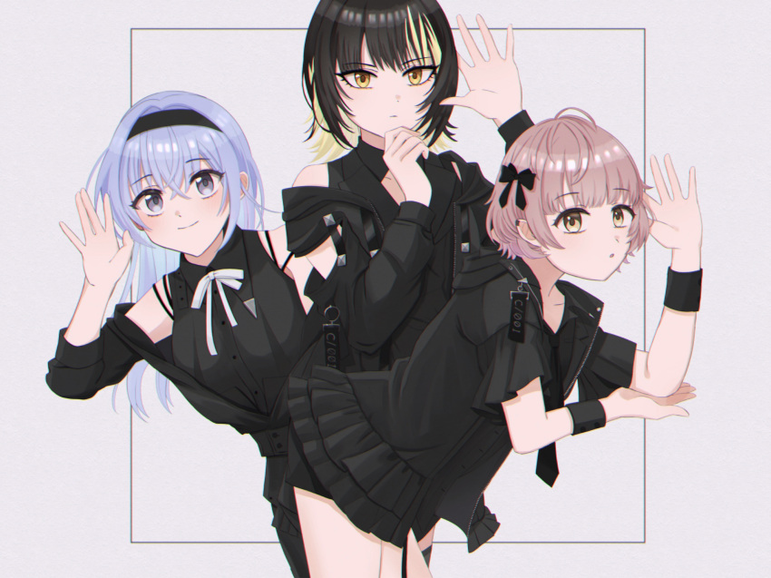 3girls arm_cutout black_hair black_hairband black_jacket black_ribbon black_shirt blonde_hair blue_hair cometik_(idolmaster) cometik_note_(idolmaster) hairband hand_on_own_chin hand_up highres hood hooded_jacket idolmaster idolmaster_shiny_colors idolmaster_shiny_colors_song_for_prism ikaruga_luca ikuta_haruki jacket jacket_partially_removed light_brown_hair looking_at_viewer multicolored_hair multiple_girls open_clothes open_jacket ribbon shirt simple_background star_grape streaked_hair suzuki_hana wristband