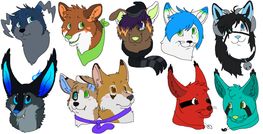 2013 aliasing ambiguous_form ambiguous_gender bell bell_collar big_ears black_collar black_hair black_markings black_nose black_scarf blonde_highlights blue_body blue_eyes blue_fur blue_hair blue_inner_ear blue_markings blue_nose blush brown_body brown_eyes brown_fur brown_nose canid canine canis cat_demon collar countershade_fur countershading curled_horn demon digital_drawing_(artwork) digital_media_(artwork) domestic_cat ear_piercing ear_tuft ethiopian_wolf eye_contact eye_patch eyewear facial_piercing fangs felid feline felis flat_colors fox fur gradient_inner_ear green_eyes green_inner_ear green_kerchief green_neckerchief green_nose green_tongue grey_body grey_countershading grey_fur grey_horn grey_nose group hair hair_over_eye head_tuft headshot_portrait heterochromia highlights_(coloring) horn hybrid jewelry kerchief lip_piercing lip_ring looking_at_another mammal markings microsoft_paint_(artwork) neckerchief necklace necktie one_ear_up one_eye_obstructed open_mouth open_smile orange_inner_ear orange_markings piercing pink_blush pink_inner_ear portrait purple_eyes purple_hair purple_necktie red_(weaselwares) red_body red_fox red_fur ring_piercing scarf sebdoggo simple_background smile snout sparklefur star_(marking) teeth tongue true_fox tuft whiskers white_background white_body white_countershading white_fur white_markings yin_yang