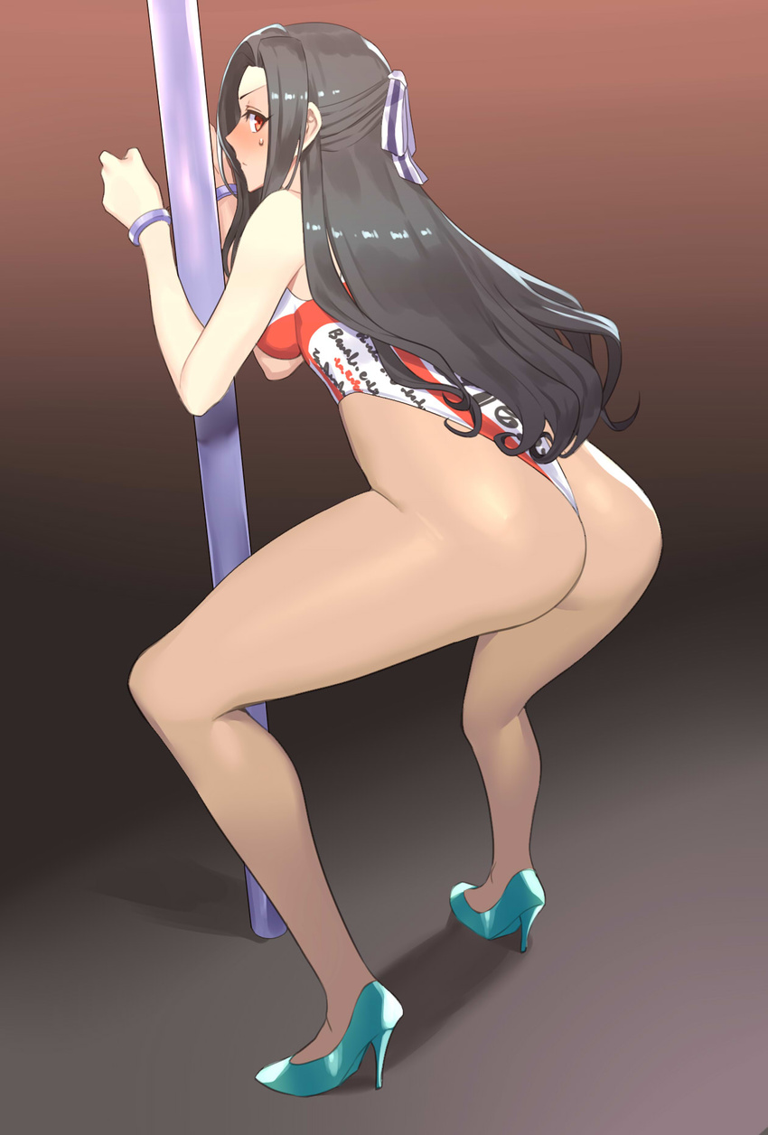 aqua_footwear ass bare_shoulders black_hair blush breasts budweiser closed_mouth commentary_request cuffs female from_behind full_body gradient_background hair_ornament hair_ribbon half_updo handcuffs high_heels highleg highleg_leotard highres legs leotard long_hair looking_at_viewer looking_back mahouka_koukou_no_rettousei medium_breasts one-piece_thong pantyhose pole print_swimsuit race_queen red_eyes red_leotard ribbon saegusa_mayumi solo stripper_pole sweatdrop swimsuit two-tone_leotard ukimukai