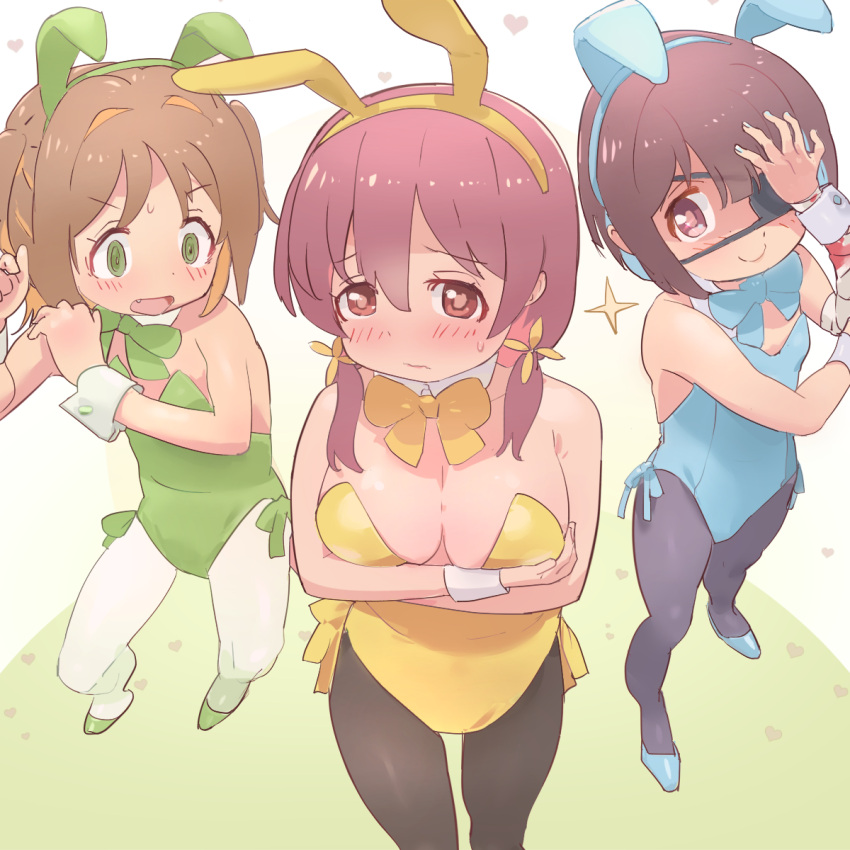 3girls @_@ alternate_costume animal_ears arms_under_breasts bandaged_arm bandages black_pantyhose blue_bow blue_bowtie blue_footwear blue_hair blue_hairband blue_leotard blunt_bangs blush bow bowtie breast_awe breast_conscious breasts brown_eyes brown_hair chuunibyou commentary detached_collar eyepatch fake_animal_ears flat_chest green_bow green_bowtie green_eyes green_footwear green_hairband green_leotard hair_between_eyes hair_intakes hairband hand_over_eye heart highres hozuki_momiji kyarahiba large_breasts leotard long_hair looking_at_another looking_at_viewer low_twintails multicolored_hair multiple_girls murosaki_miyo oerba_yun_fang oka_asahi onii-chan_wa_oshimai! open_mouth orange_bow orange_bowtie orange_hair pantyhose playboy_bunny rabbit_ears red_hair shoes short_hair simple_background smile sparkle strapless strapless_leotard twintails two-tone_hair two_side_up white_pantyhose wrist_cuffs yellow_hairband yellow_leotard