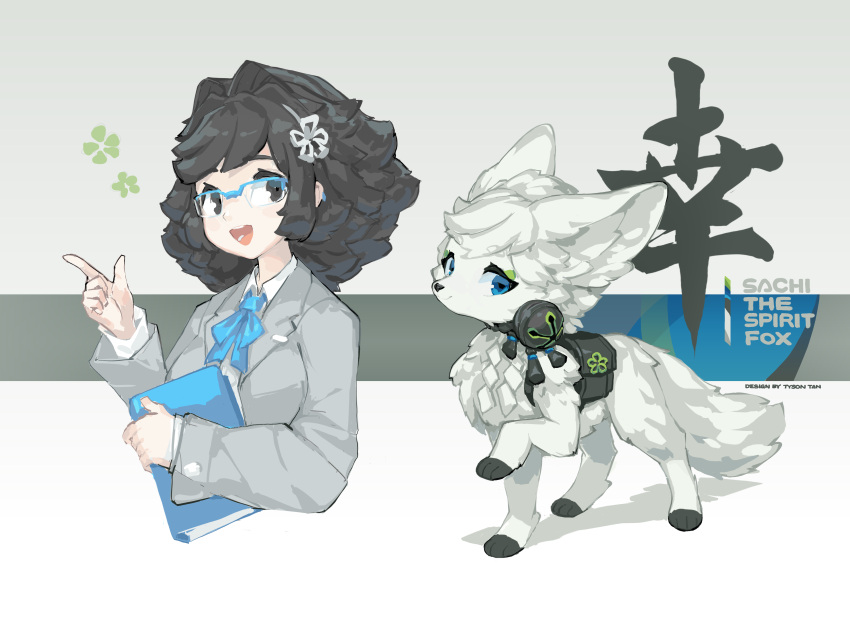 absurd_res black_hair blue_book book canid canine chinese_text duo english_text eyewear female feral fox fur glasses hair hi_res human mammal sachi_the_spirit_fox text tysontan white_body white_fur