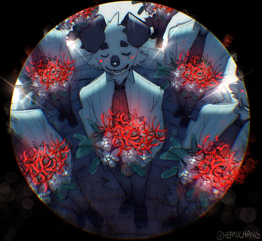 anthro black_ears brick_floor canid canine canis closed_eyes clothed clothing domestic_dog floppy_ears flower fully_clothed funeral fur group hemuchang hi_res holding_flower holding_object male mammal necktie plant smile spider_lily topwear vent_art vest white_body white_fur