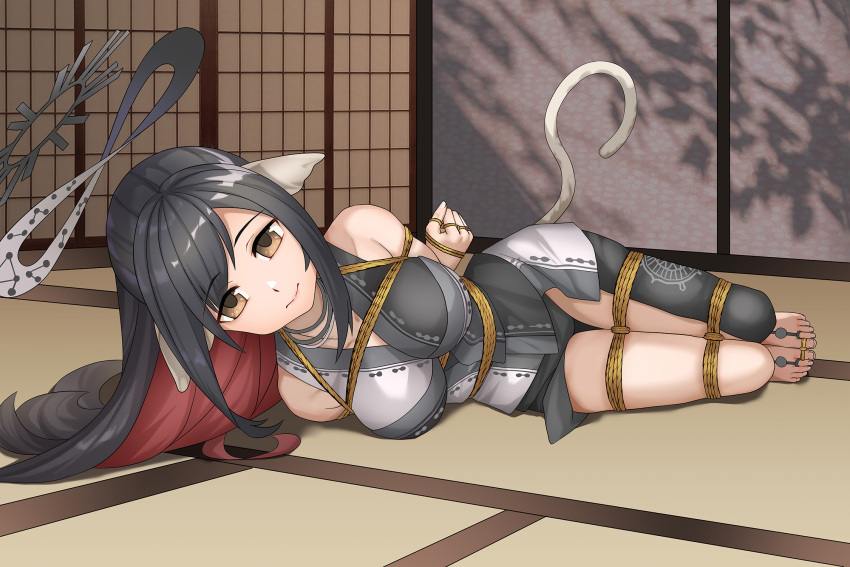 animal_ears aquaplus arms_behind_back bare_shoulders barefoot barefoot_sandals_(jewelry) black_hair blush bondage bondage bondage bound bound_legs bound_toes breasts cat_tail choker closed_mouth female haimei1980 hair_ribbon halo highres indoors jewelry kuon_(utawarerumono) large_breasts long_hair looking_at_viewer lying multicolored_eyes multicolored_hair nose off_shoulder on_floor on_side red_hair ribbon rope sidelocks sleeveless solo swept_bangs tail tatami two-tone_hair utawarerumono utawarerumono:_lost_flag very_long_hair yellow_eyes yukaura