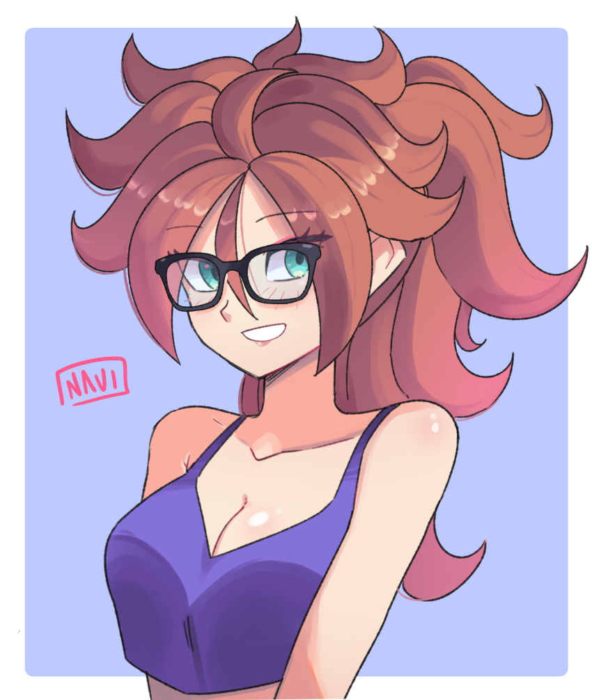 alternate_hairstyle android_21 aqua_eyes artist_name bare_arms blush border breasts brown_hair cleavage collarbone dragon_ball dragon_ball_fighterz female glasses grin hair_between_eyes highres long_hair navietta ponytail smile white_border