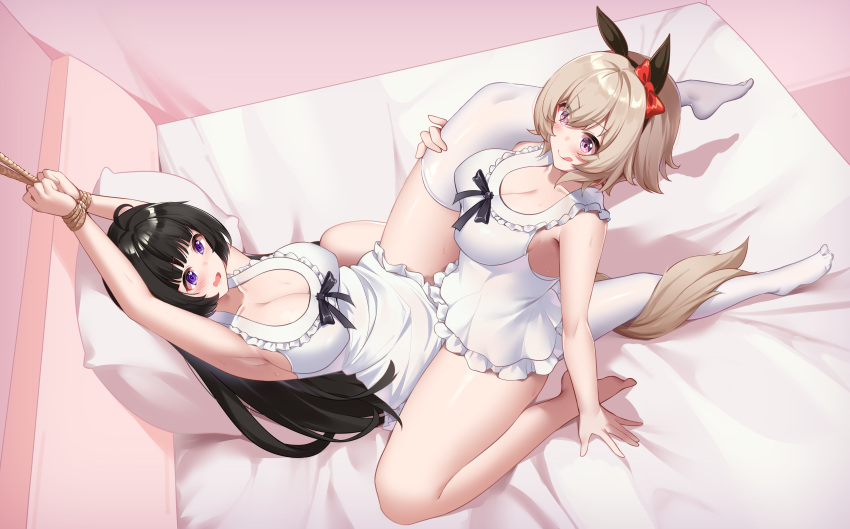 2girls absurdres ahoge animal_ears bad_id bad_pixiv_id barefoot bed black_hair blue_eyes blush bondage bondage bound bound_wrists breasts cleavage curren_chan_(umamusume) female_trainer_(umamusume) femdom hair_ribbon highres horse_ears horse_girl horse_tail indoors large_breasts light_brown_hair long_hair luoyezi multiple_girls navel negligee nude pillow pink_eyes purple_eyes rape ribbon rope socks tail tail_wrap trainer_(umamusume) tribadism umamusume white_socks yuri