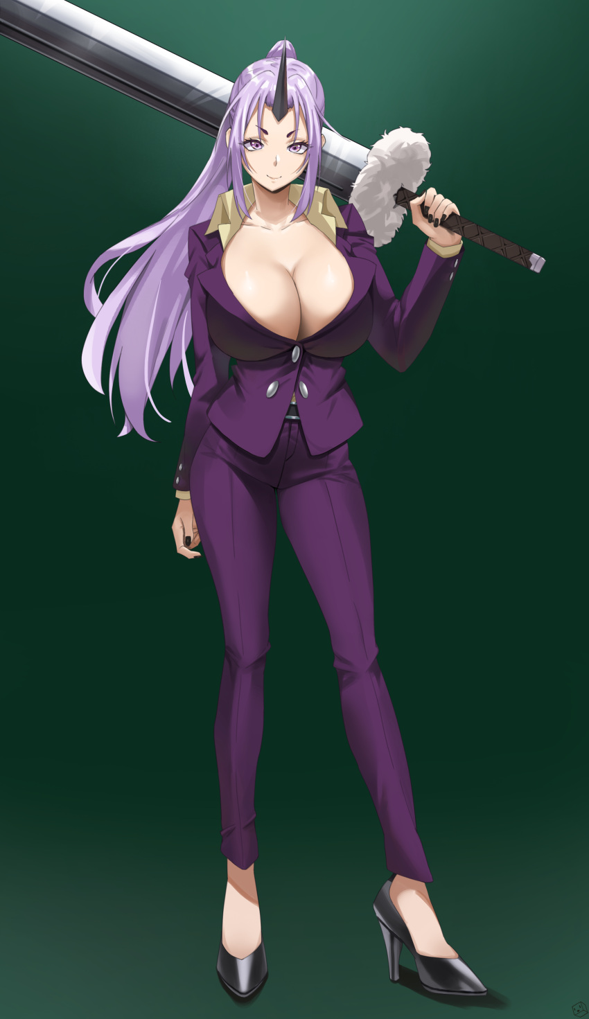 absurdres black_horns black_nails breasts cleavage female full_body green_background green_shirt high_heels highres holding holding_sword holding_weapon horns huge_breasts jacket kuuhaku_(pskf2372) long_hair long_legs looking_at_viewer office_lady oni oni_horns pants ponytail purple_eyes purple_jacket purple_nails purple_pants purple_suit shion_(tensei_shitara_slime_datta_ken) shirt simple_background single_horn smile solo standing suit sword tensei_shitara_slime_datta_ken very_long_hair weapon