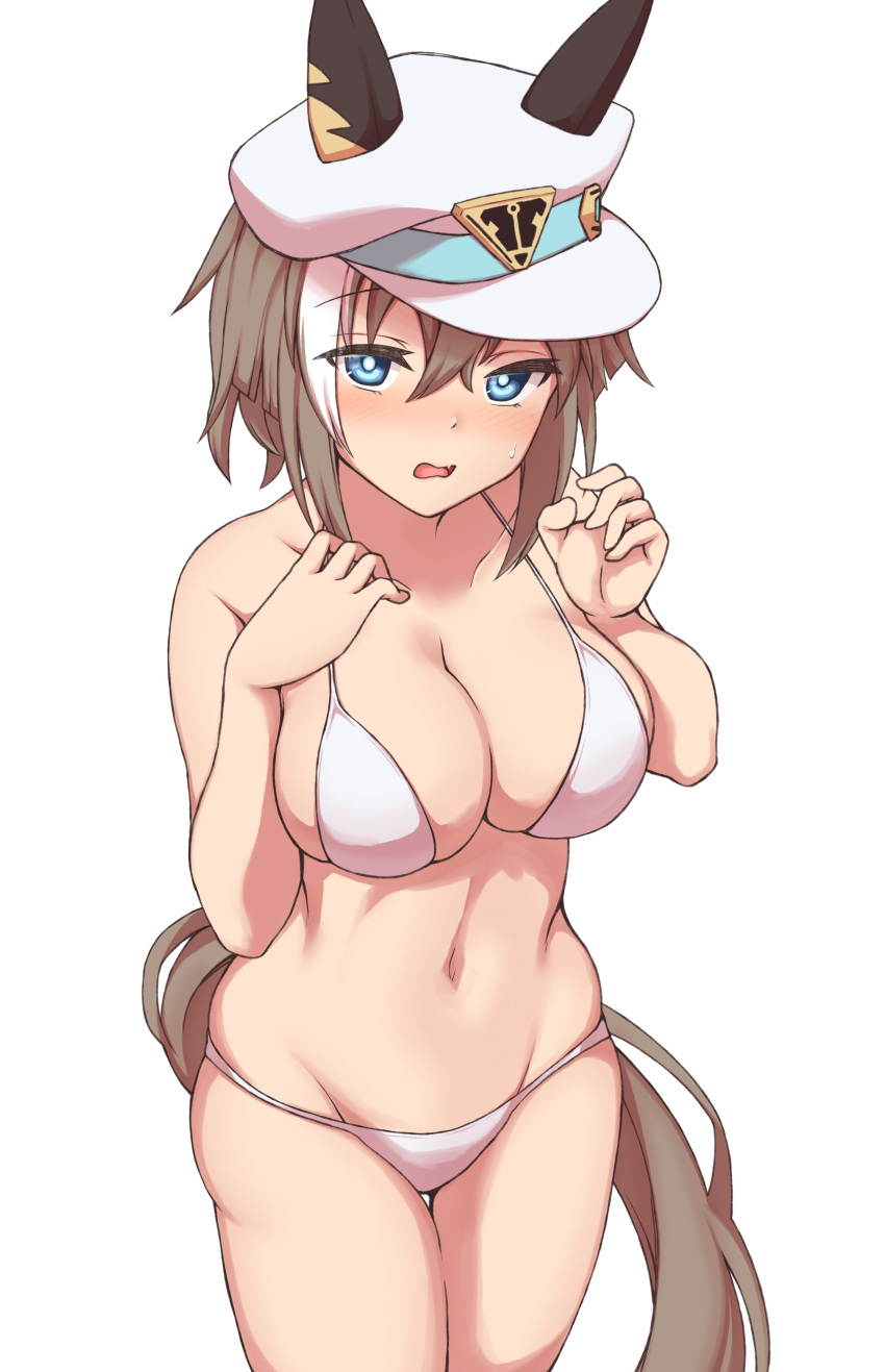 absurdres animal_ears bikini blue_eyes blush breasts brown_hair cheval_grand_(umamusume) clothes_lift commentary_request ear_covers female hair_between_eyes hakutaqanta hat highres horse_ears horse_girl horse_tail looking_at_viewer medium_hair multicolored_hair open_mouth peaked_cap simple_background solo streaked_hair swimsuit tail umamusume white_background white_bikini white_hair white_hat