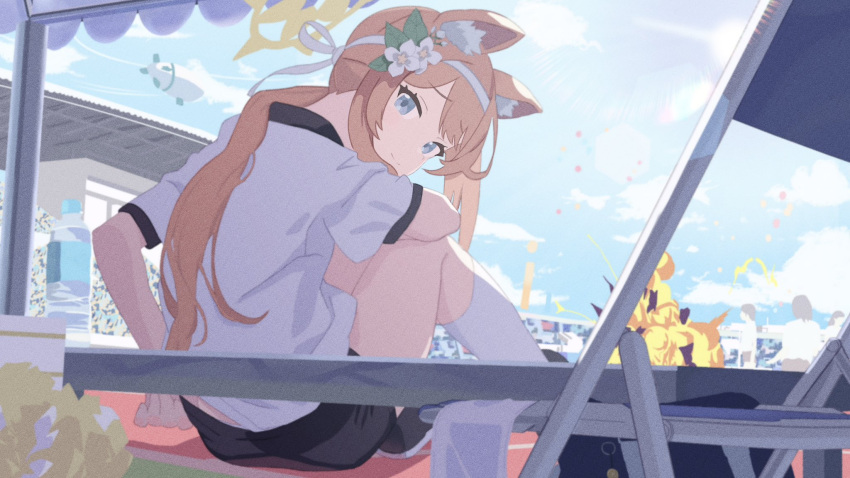 adjusting_clothes adjusting_shorts aircraft airship animal_ear_fluff animal_ears arm_on_knee black_footwear blue_archive blurry bottle chikoku commentary_request depth_of_field explosion female flower fox_ears gym_shirt gym_uniform hair_flower hair_ornament hairband halo highres knees_up light_smile looking_at_viewer looking_back mari_(blue_archive) mari_(track)_(blue_archive) official_alternate_costume orange_hair people ponytail shirt short_sleeves shorts sitting socks solo_focus stadium water_bottle white_hairband white_socks yellow_halo