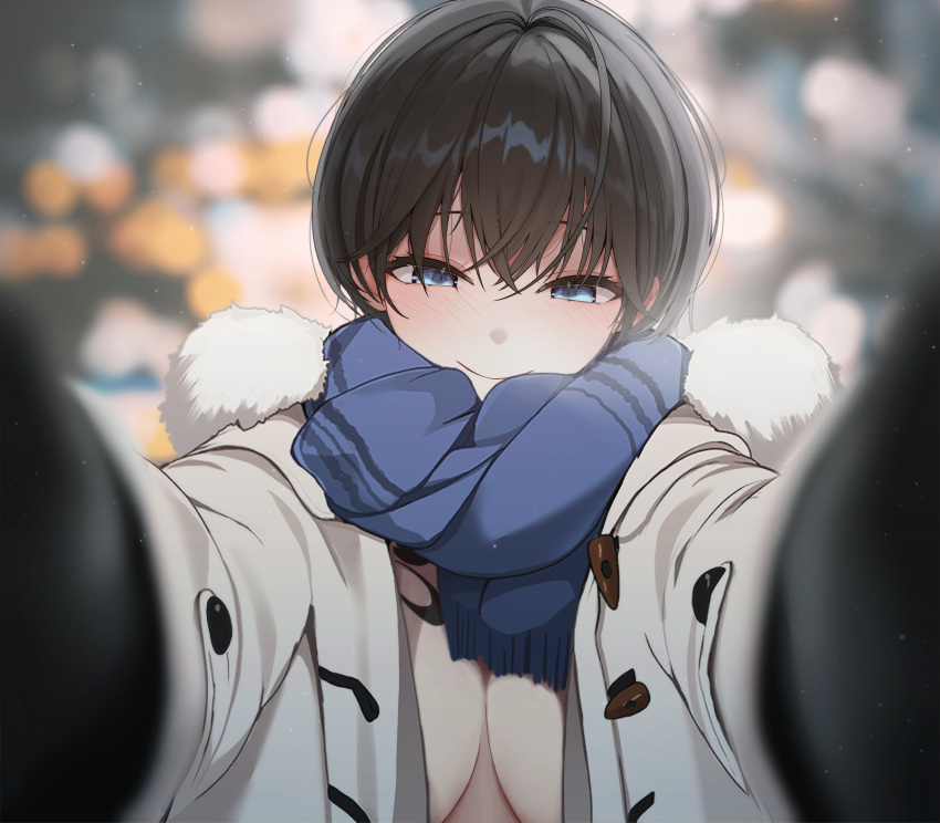 absurdres black_hair black_mittens blue_eyes blue_scarf breasts closed_mouth coat female fur-trimmed_coat fur_trim gwan-e highres large_breasts looking_at_viewer meme mittens open_clothes open_coat original pov_cheek_warming_(meme) reaching reaching_towards_viewer scarf short_hair smile solo white_coat winter_clothes winter_coat