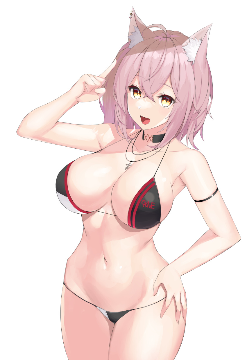 absurdres ahoge amane_chikaze animal_ears arm_strap arm_up armpits bare_arms bare_shoulders bikini black_bikini black_choker breasts choker cleavage collarbone cowboy_shot female halterneck hand_on_own_hip highres index_finger_raised indie_virtual_youtuber jewelry large_breasts looking_at_viewer medium_hair mole mole_under_eye nakamura_nagare navel necklace open_mouth pink_hair smile solo standing stomach strap_gap string_bikini swimsuit thighs transparent_background virtual_youtuber yellow_eyes