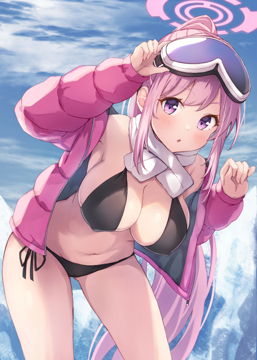 :o armpits bikini black_bikini blue_archive blush breasts breath cleavage eimi_(blue_archive) eimi_(swimsuit)_(blue_archive) female goggles goggles_on_head halo highres jacket large_breasts leaning_forward long_hair looking_at_viewer matsu520 md5_mismatch navel official_alternate_costume outdoors padded_jacket pink_hair pink_halo pink_jacket ponytail purple_eyes resolution_mismatch revision scarf side-tie_bikini_bottom sideboob ski_goggles solo source_larger stomach swimsuit very_long_hair white_scarf