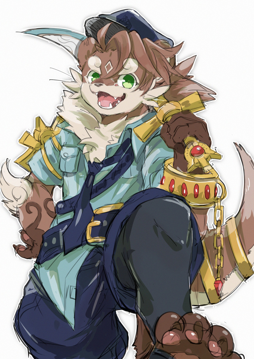 1boy absurdres animal_ears ao_gravity barefoot claws commentary fangs furry furry_male gold green_eyes hand_on_own_hip highres holding holding_sword holding_weapon jewelry looking_at_viewer male_focus open_mouth otter_(housamo) otter_boy otter_ears otter_tail pawpads police police_uniform sword tail tokyo_afterschool_summoners uniform weapon white_background