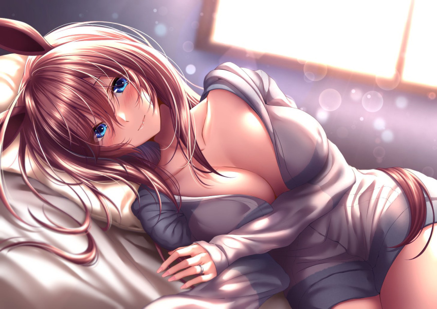 animal_ears bed blue_eyes blush breasts brown_hair cleavage female horse_ears horse_girl indoors jewelry large_breasts long_hair lying mihono_bourbon_(umamusume) on_bed on_side rairaisuruyo ring solo sweater umamusume wedding_ring window