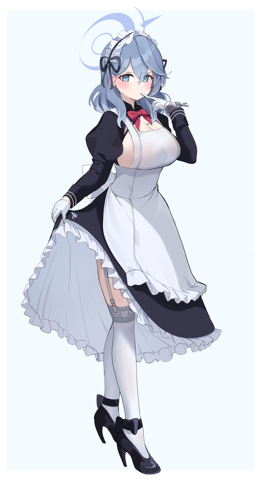 absurdres ako_(blue_archive) alternate_costume apron black_dress black_footwear blue_archive blue_eyes blue_hair blue_halo blush breasts dress enmaided female frilled_apron frills full_body gloves hair_between_eyes halo high_heels highres inapple juliet_sleeves large_breasts long_hair long_sleeves looking_at_viewer maid maid_apron maid_headdress puffy_sleeves sideboob solo thighhighs white_apron white_gloves white_thighhighs