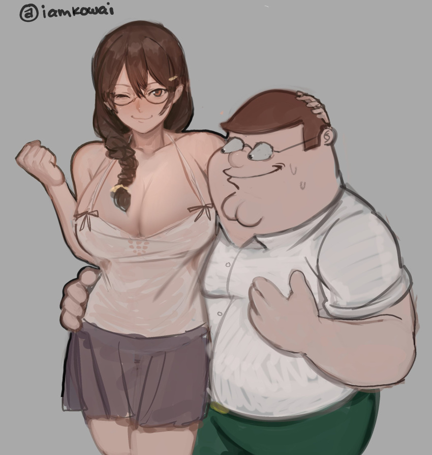 1boy booba_(meme) braid breasts brown_hair brown_skirt camisole cleavage cleft_chin commentary crossover double_chin english_commentary family_guy fat fat_man female glasses green_pants grey_background hanekawa_tsubasa highres kizumonogatari kowai_(iamkowai) large_breasts meme monogatari_(series) pants peter_griffin round_eyewear shirt simple_background skirt straight sweatdrop white_camisole white_shirt