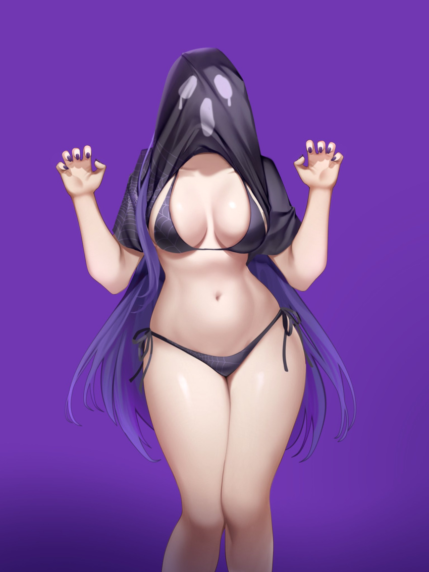 bare_arms bare_legs bikini black_bikini black_shirt breasts claw_pose collarbone commentary doki_doki_literature_club english_commentary facing_viewer feet_out_of_frame female hands_up highres large_breasts long_hair nail_polish navel no_pants potetos7 print_bikini print_shirt purple_background purple_hair purple_nails shirt shirt_over_head short_sleeves side-tie_bikini_bottom simple_background solo spider_web_print stomach swimsuit t-shirt thighs very_long_hair yuri_(doki_doki_literature_club)