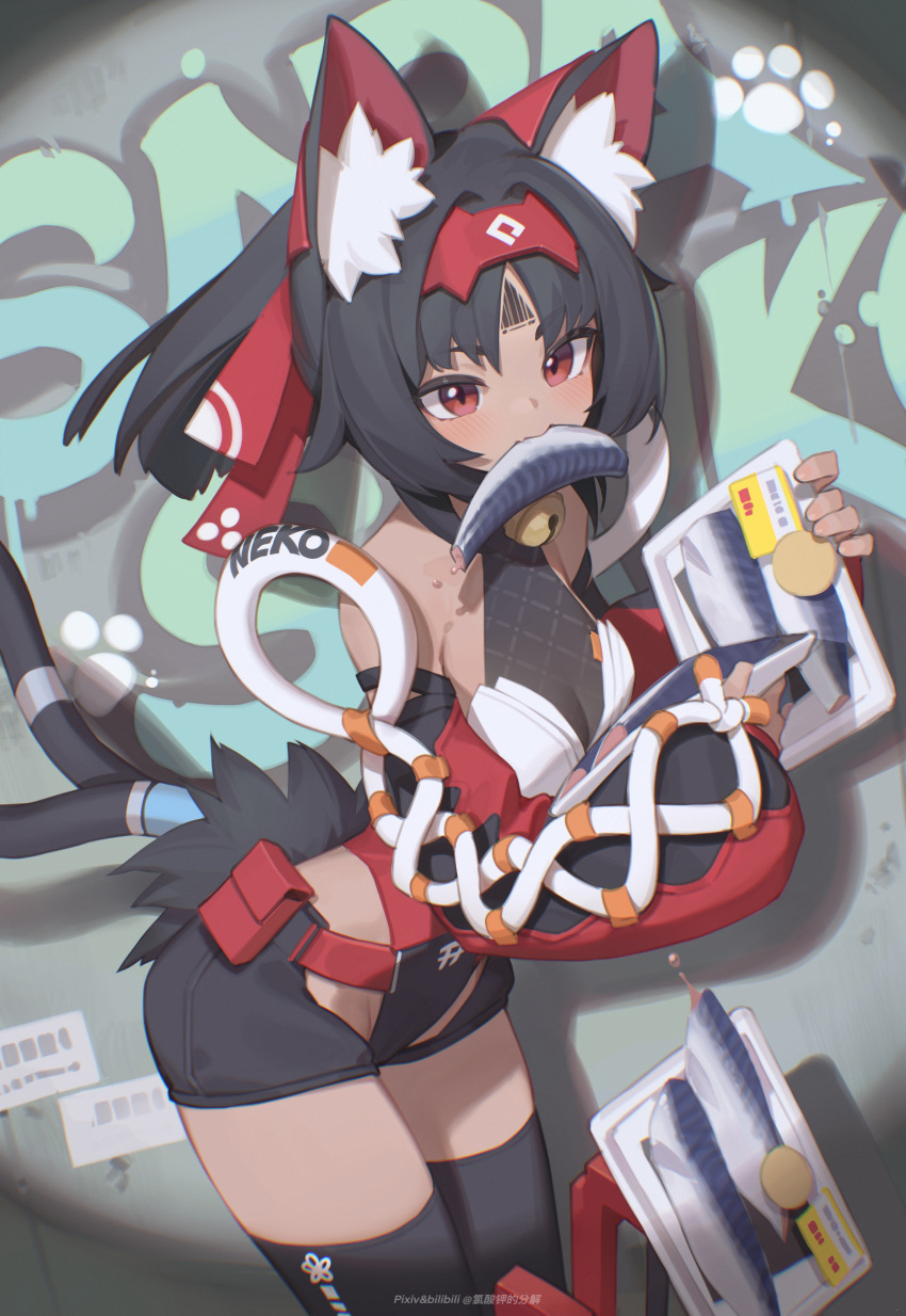 absurdres animal_ear_fluff animal_ears bare_shoulders bell bilibili_xiaolu black_hair black_shorts black_thighhighs blush breasts detached_sleeves female fish_(food) food_in_mouth graffiti highres jingle_bell leaning_forward long_sleeves medium_breasts multiple_tails neck_bell nekomiya_mana puffy_long_sleeves puffy_sleeves red_eyes short_shorts shorts solo tail thighhighs zenless_zone_zero