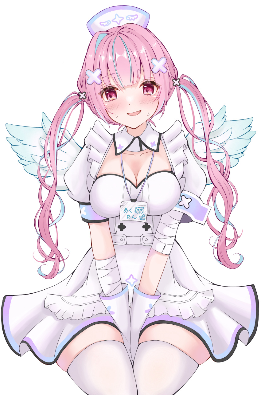 absurdres amane_kanata amane_kanata_(cosplay) amane_kanata_(nurse) anchor_symbol angel_wings armband bandaged_arm bandages between_legs blue_hair blush breasts cleavage commentary_request cosplay detached_collar dress feathered_wings female frills gloves hair_ornament hand_between_legs hat highres hololive id_card lanyard long_hair medium_breasts minato_aqua multicolored_hair nurse nurse_cap open_mouth oyuharu pink_eyes pink_hair puffy_short_sleeves puffy_sleeves short_sleeves sidelocks simple_background single_hair_intake smile solo streaked_hair sweatdrop thighhighs twintails virtual_youtuber white_background white_dress white_gloves white_thighhighs white_wings wings x_hair_ornament