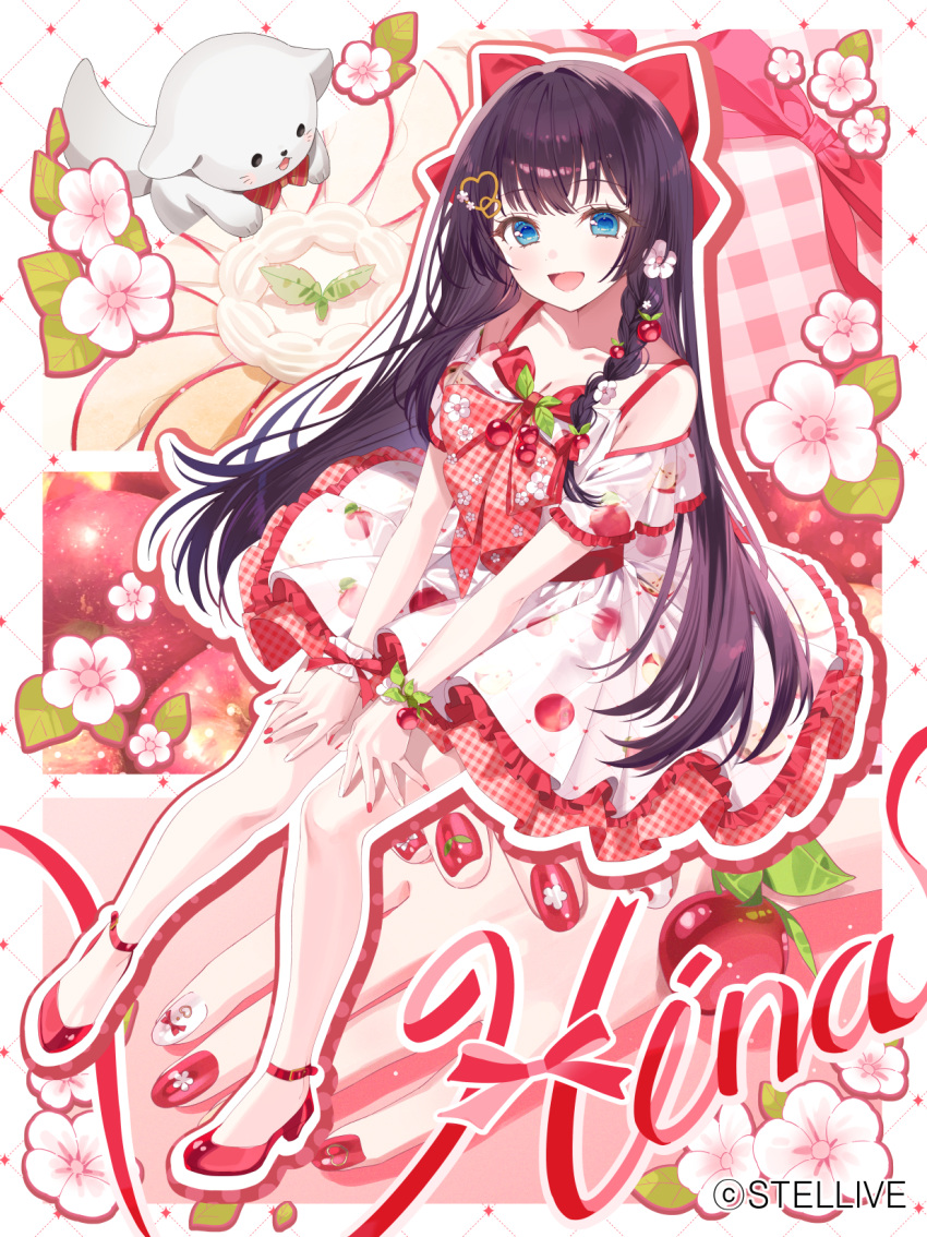 :d a20_(atsumaru) animal bare_shoulders blue_eyes bow braid breasts cleavage copyright_name female flower fruit_hair_ornament haedungi_(shirayuki_hina) hair_flower hair_ornament hairbow heart heart_hair_ornament highres looking_at_viewer official_art purple_eyes red_bow red_footwear red_nails red_ribbon ribbon shirayuki_hina smile solo stellive virtual_youtuber white_nails wrist_cuffs