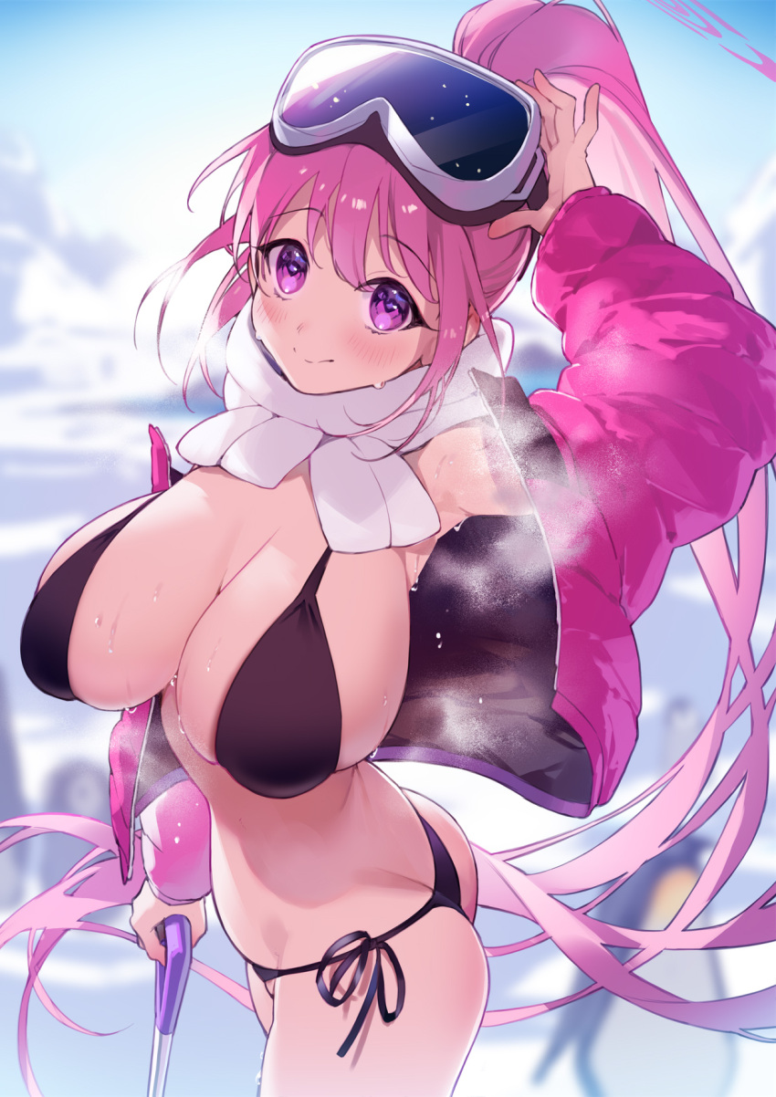 amana_(pocketkey) arm_up armpits ass bikini black_bikini blue_archive breasts cleavage eimi_(blue_archive) eimi_(swimsuit)_(blue_archive) female goggles goggles_on_head halo highres holding holding_goggles holding_shovel jacket large_breasts long_hair official_alternate_costume open_clothes open_jacket padded_jacket pink_eyes pink_hair pink_halo pink_jacket ponytail scarf shovel ski_goggles smile sweat swimsuit white_scarf