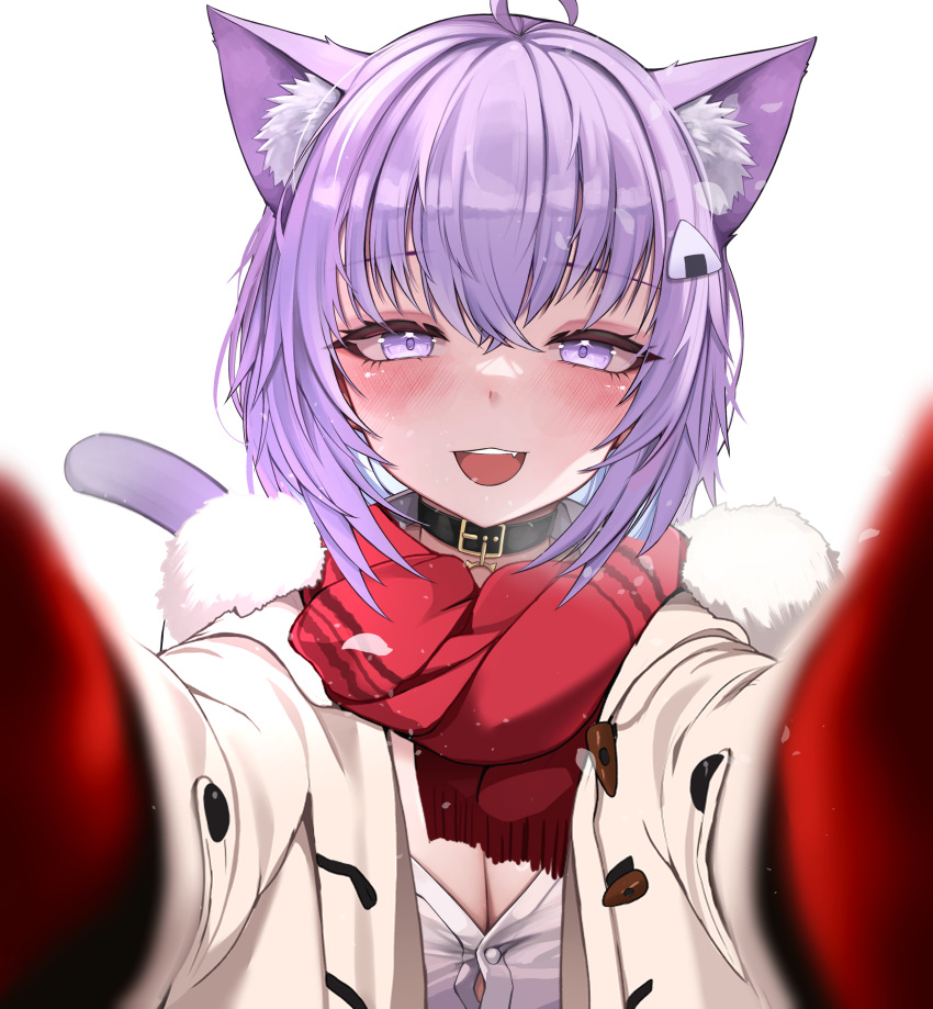 absurdres ahoge alternate_costume animal_collar animal_ear_fluff animal_ears belt_collar black_collar breasts bursting_breasts button_gap buttons cat_ears cat_girl cat_tail cleavage coat collar crossed_bangs dot_nose duffel_coat female food fur-trimmed_coat fur-trimmed_scarf fur_trim gloves hair_between_eyes hair_ornament half-closed_eyes highres hololive kkato large_breasts looking_at_viewer meme mittens nekomata_okayu oerba_yun_fang onigiri open_clothes open_coat open_mouth pov pov_cheek_warming_(meme) purple_eyes purple_hair reaching reaching_towards_viewer red_gloves red_mittens red_scarf scarf shirt short_hair sidelocks simple_background snowing solo straight-on tail taut_clothes taut_shirt teeth toggles tongue upper_body virtual_youtuber white_background white_coat winter_clothes winter_coat winter_gloves