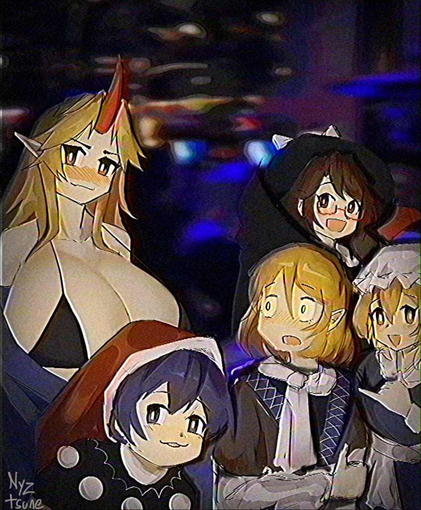 5girls :3 app_filter artist_name bikini black_bikini black_headwear black_shirt blonde_hair blue_kimono blurry blurry_background blush breast_awe breast_envy breasts bright_pupils brown_eyes brown_hair brown_shirt closed_mouth commentary doremy_sweet english_commentary flat_chest glasses green_eyes hair_between_eyes hat highres horns hoshiguma_yuugi hoshiguma_yuugi_(kimono) huge_breasts japanese_clothes kimono long_bangs long_hair looking_at_another looking_at_viewer looking_to_the_side maribel_hearn medium_bangs mizuhashi_parsee mob_cap multiple_girls nightcap nose_blush nyztsune off_shoulder open_mouth photo-referenced pointy_ears pom_pom_(clothes) red-framed_eyewear red_headwear red_horns scarf semi-rimless_eyewear shirt short_hair single_horn smile static swimsuit touhou under-rim_eyewear undershirt upper_body usami_sumireko white_headwear white_pupils white_scarf