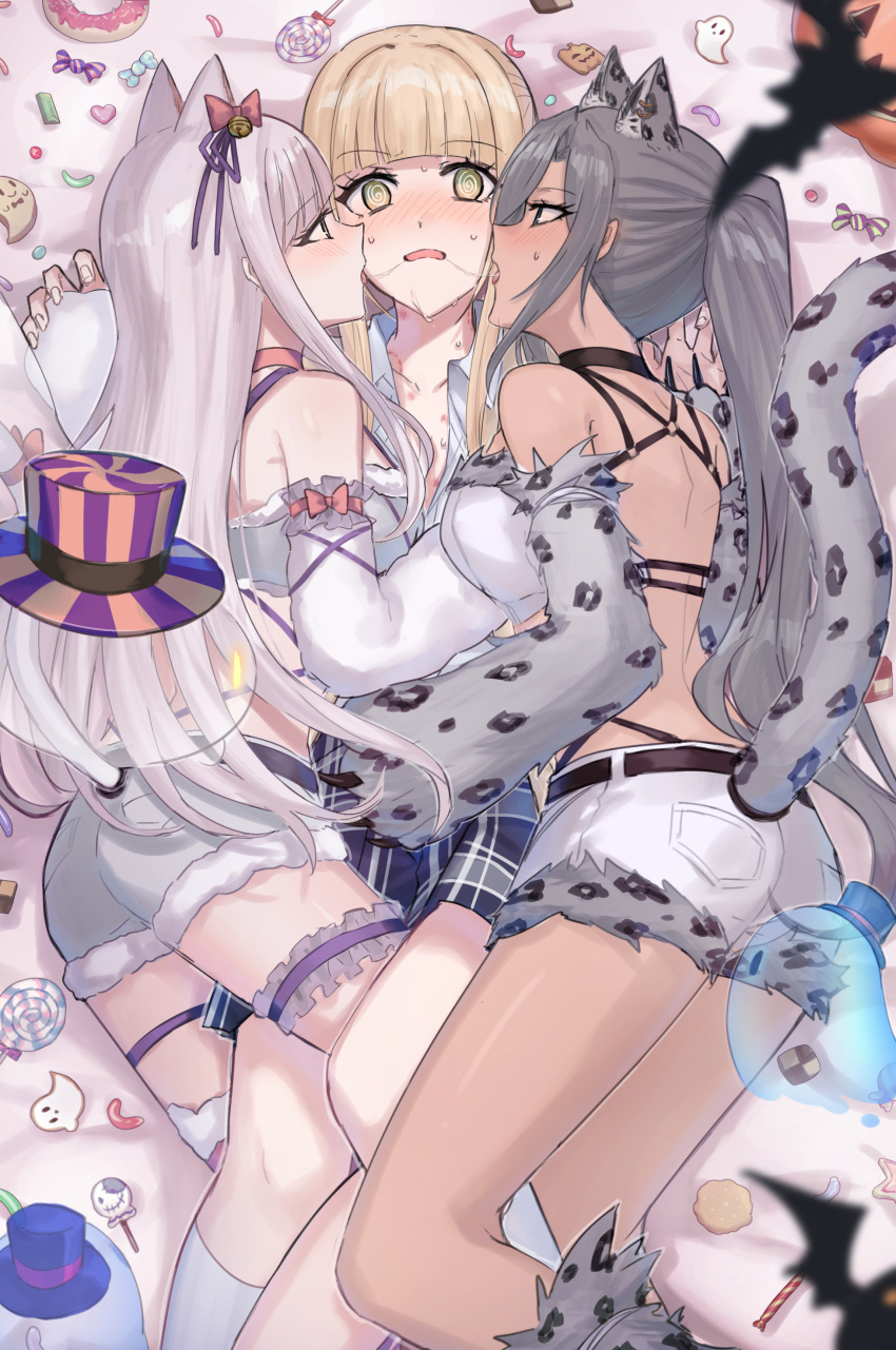 3girls absurdres animal_ears aoki_shizumi bite_mark blonde_hair blue_eyes blush cat_ears cat_tail d4dj fake_animal_ears fff_threesome fukushima_noa green_eyes grey_eyes grey_hair group_sex hickey highres izumo_saki long_hair multiple_girls niijima_ibuki official_alternate_costume open_mouth photon_maiden ponytail saliva saliva_trail short_shorts shorts sidelocks tail threesome tongue tongue_out white_hair yuri