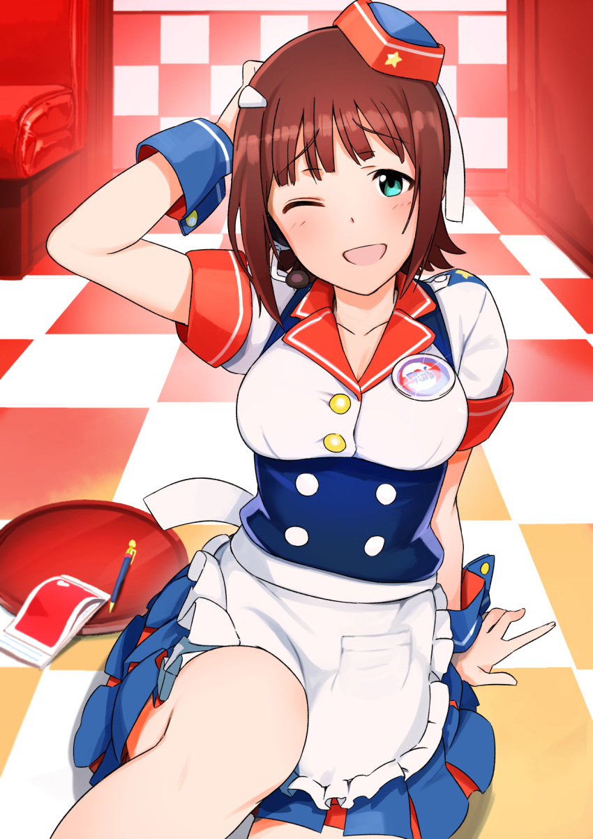 amami_haruka apron arm_support arm_up blue_corset blue_skirt blue_wrist_cuffs blush bow breasts brown_hair burger_skater_(idolmaster) chair checkered_floor cleavage collarbone corset dot_nose female frilled_apron frills green_eyes hair_ribbon hairbow hat highres idolmaster idolmaster_(classic) idolmaster_million_live! idolmaster_million_live!_theater_days indoors knee_up looking_at_viewer medium_breasts momo_no_suidou-sui notebook one_eye_closed open_mouth pen pleated_skirt ribbon shirt short_hair short_sleeves sitting skirt smile solo tray two-tone_headwear underbust waist_apron white_apron white_ribbon white_shirt wrist_cuffs