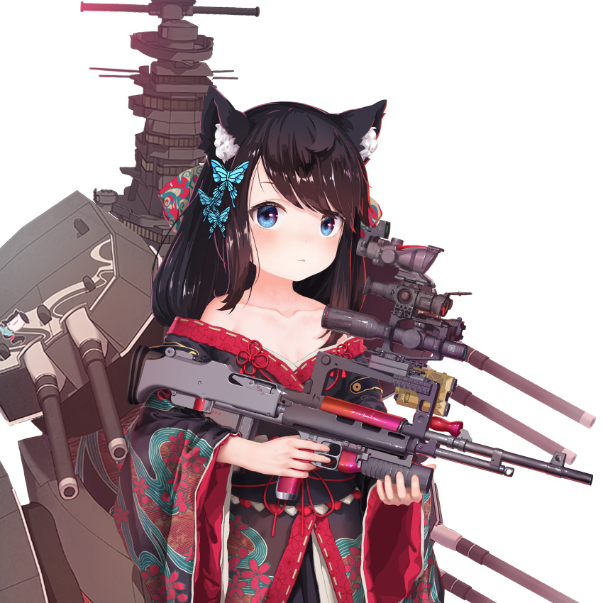 absurdres aged_down animal_ear_fluff animal_ears azur_lane black_hair black_kimono blue_eyes bullpup butterfly_hair_ornament cat_ears commentary_request female finger_on_trigger fusou_(azur_lane) grenade_launcher gun hair_ornament highres holding holding_gun holding_weapon japanese_clothes kimono long_sleeves underbarrel_grenade_launcher weapon wu_yu_bobosha