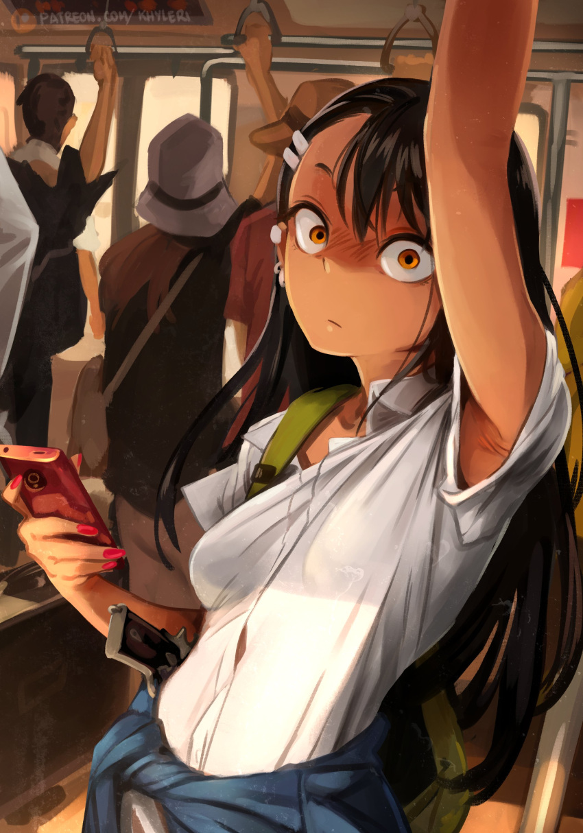 1girls arm_up armpit_fetish armpits backpack bag black_hair blush blushing blushing_at_viewer brown_eyes cellphone clothed clothing electronics female firearm gun handgun hayase_nagatoro holding_object human khyleri long_hair looking_annoyed looking_at_viewer peeping phone please_don't_bully_me,_nagatoro public red_nails revealing_clothes school_uniform schoolgirl_uniform small_breasts tan tan_skin weapon