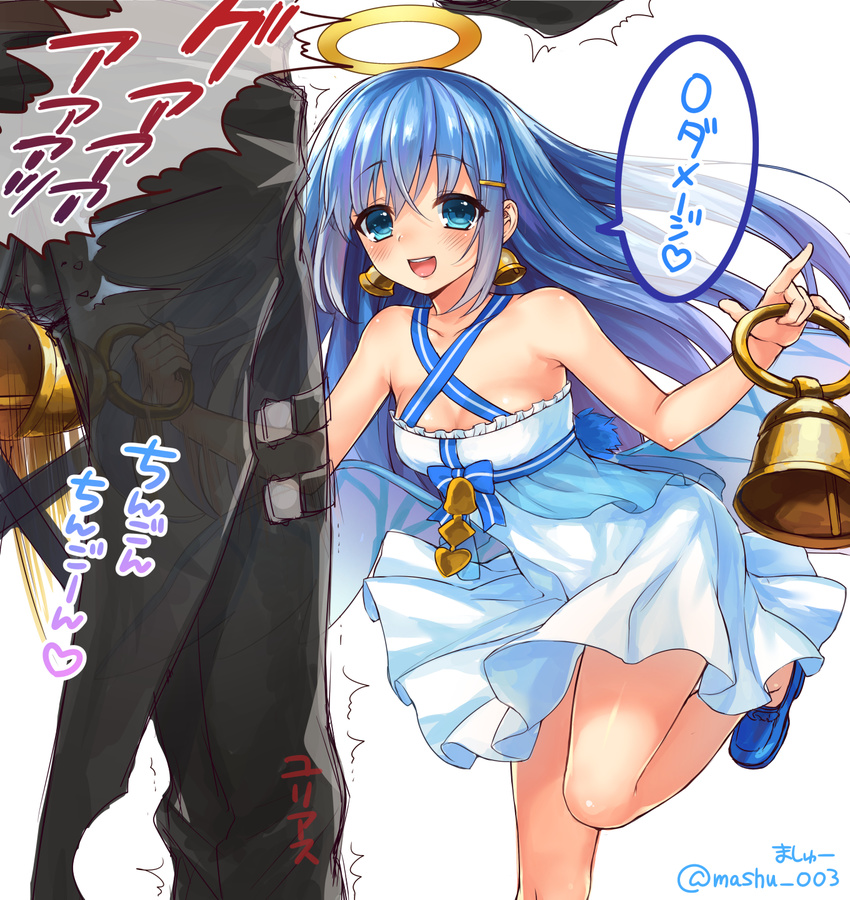 1boy bad_id bad_pixiv_id ball_busting bell bell_earrings bellringer_angel blue_eyes blue_hair bondage cbt commentary_request dress earrings female halo highres jewelry mashuu_(neko_no_oyashiro) ribbon shadowverse shoes straight translated