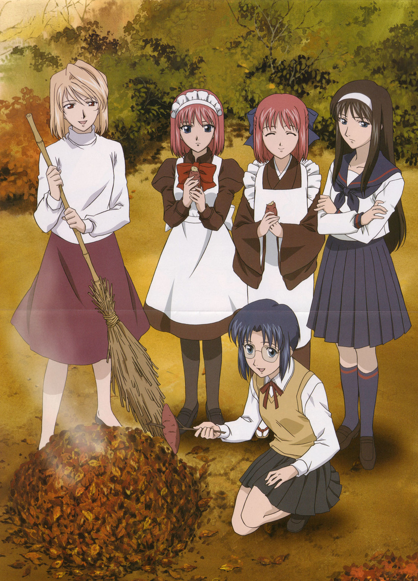 5girls :/ ^_^ apron arcueid_brunestud autumn_leaves bamboo_broom black_pantyhose black_skirt black_socks blonde_hair blue_eyes blue_hair blue_legwear bonfire bow broom brown_hair ciel_(tsukihime) closed_eyes crease crossed_arms eating food frown glasses hairband hairbow highres hisui_(tsukihime) holding holding_broom holding_food japanese_clothes juliet_sleeves kimono kneehighs kohaku_(tsukihime) loafers long_hair long_sleeves maid maid_headdress multiple_girls neck_ribbon neckerchief no_socks open_mouth outdoors ozawa_iku pantyhose pleated_skirt puffy_sleeves red_eyes red_hair ribbon scan scan_artifacts school_uniform serafuku shoes short_hair side-by-side skirt smile smoke socks source_request squatting standing sweater sweater_vest sweet_potato tohno_akiha tsukihime turtleneck turtleneck_sweater white_hairband wide_sleeves