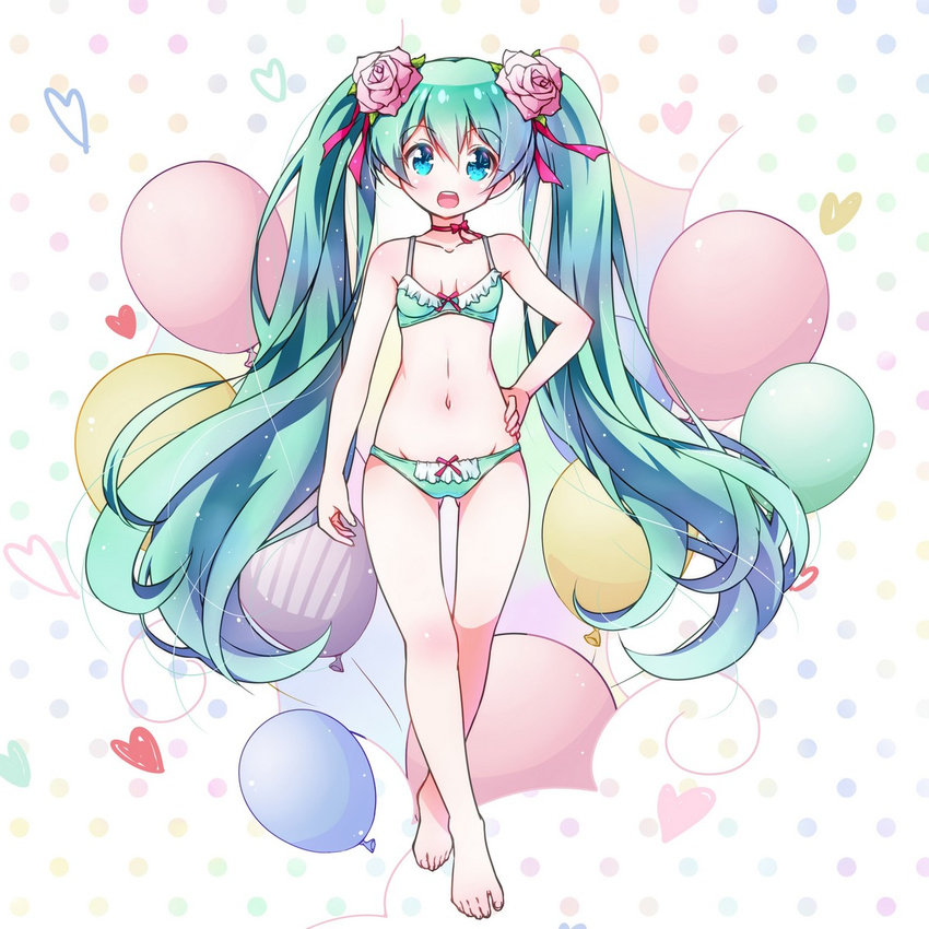 aqua_eyes aqua_hair balloon bra commentary_request female flower full_body fuusen_neko hair_flower hair_ornament hand_on_own_hip hatsune_miku long_hair looking_at_viewer multicolored_polka_dots navel open_mouth panties photoshop_(medium) polka_dot polka_dot_background solo thigh_gap twintails underwear underwear_only very_long_hair vocaloid