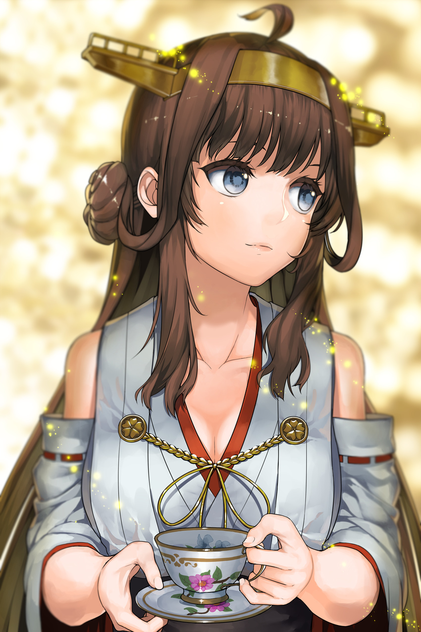 absurdres ahoge bad_id bad_pixiv_id blue_eyes breasts brown_hair cleavage collarbone colored_eyelashes cup double_bun female hair_bun hairband harumaki_haruki headgear highres japanese_clothes kantai_collection kongou_(kancolle) long_hair looking_away medium_breasts nontraditional_miko smile solo teacup