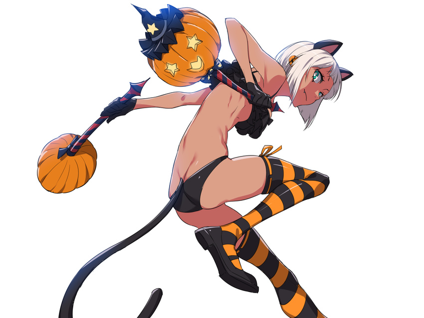 animal_ears bad_id bad_twitter_id blue_eyes bra breasts dark-skinned_female dark_skin female jack-o'-lantern looking_back maplestory maplestory_2 medium_breasts nora_(supernew) oerba_yun_fang original panties pumpkin short_hair simple_background solo striped_clothes striped_thighhighs supernew tail thighhighs underwear underwear_only white_background white_hair