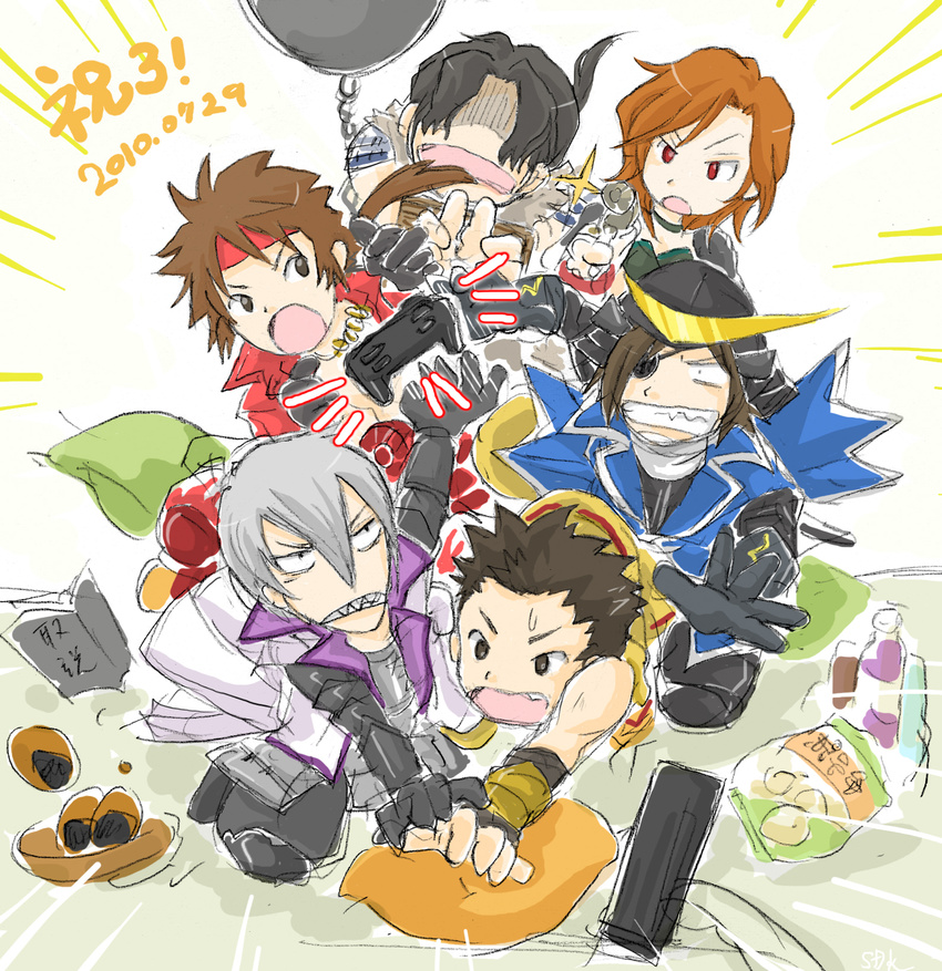 armor ball_and_chain brown_hair controler controller cookie cookies date_masamune date_masamune_(sengoku_basara) eyepatch fight fighting food gun helmet highres ishida_mitsunari kuroda_kanbei long_hair open_mouth saika_magoichi_(sengoku_basara) sanada_yukimura sanada_yukimura_(sengoku_basara) sengoku_basara short_hair sweat teeth tokugawa_ieyasu tongue weapon white_hair