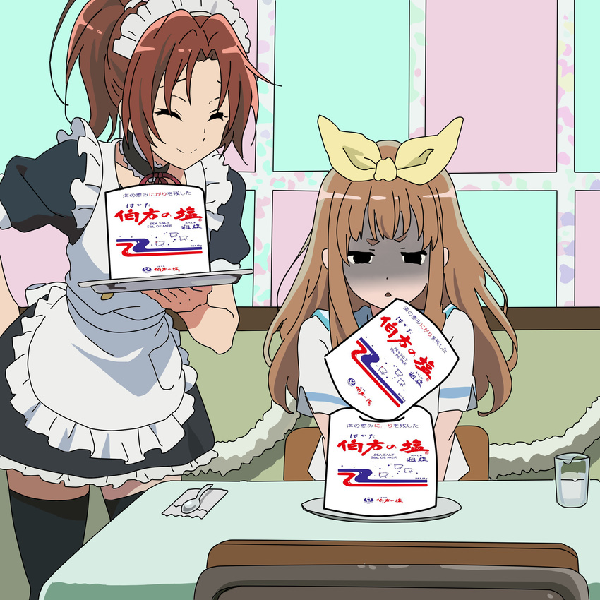 2girls alternate_costume apron black_hair bow brown_hair choker closed_eyes closed_mouth commentary_request empty_eyes enmaided frilled_choker frills glass hairbow hakata_no_shio hibike!_euphonium highres long_hair maid maid_apron maid_headdress multiple_girls nakagawa_natsuki parody ponytail school_uniform short_sleeves sitting smile spoon table takahiro_(rikky) thighhighs turn_pale yoshikawa_yuuko zettai_ryouiki