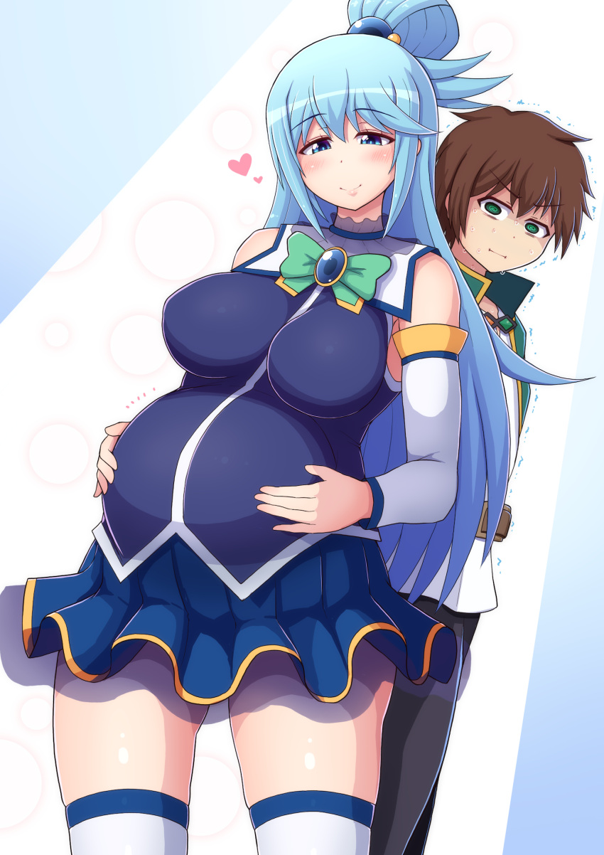 1boy 1girls aqua_(konosuba) belly_expansion blue_eyes blue_hair blush happy kono_subarashii_sekai_ni_shukufuku_wo! large_breasts long_hair long_sleeves looking_at_viewer ponpo ponpuramu ponytail pregnant sleeves_past_elbows smiling smiling_at_viewer thick_thighs thighhighs thighs uncensored white_legwear white_sleeves white_stockings