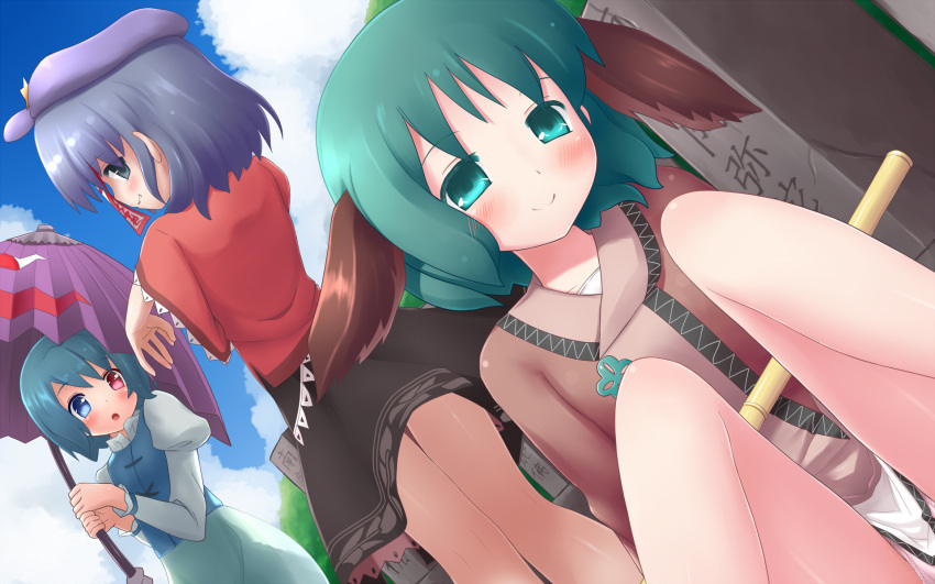 3girls animal_ears bad_id bad_pixiv_id bamboo_broom black_eyes blue_eyes blue_hair blush broom commentary_request dress green_eyes green_hair hat heterochromia highres jiangshi karakasa_obake kasodani_kyouko looking_back mille miyako_yoshika multiple_girls ofuda outstretched_arms panties pantyshot pink_panties purple_umbrella red_eyes short_hair skirt smile tatara_kogasa touhou umbrella underwear zombie_pose