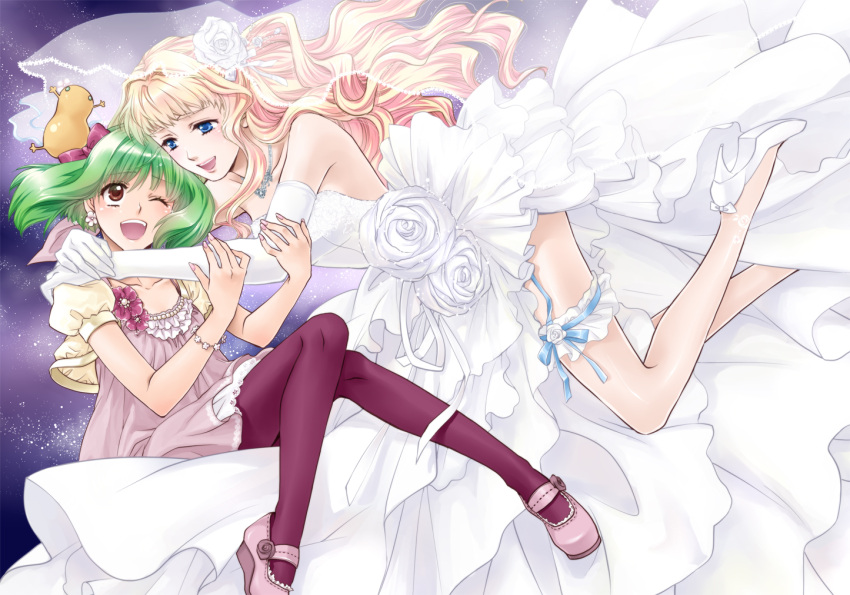 2girls bare_shoulders blonde_hair blue_eyes bracelet bridal_garter brown_eyes commentary_request dress earrings elbow_gloves flower gloves green_hair hair_flower hair_ornament high_heels hug jewelry long_hair macross macross_frontier multiple_girls nail_polish necklace one_eye_closed open_mouth pantyhose photoshop_(medium) purple_legwear ranka_lee ribbon satsuki_yuu_(awairo) sheryl_nome shoes short_hair smile strapless strapless_dress veil wedding_dress