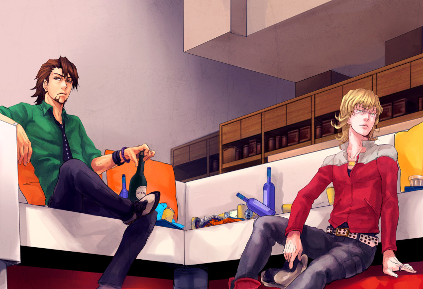 2boys alcohol bad_id bad_pixiv_id barnaby_brooks_jr. belt blonde_hair boots bracelet brown_eyes brown_hair cabbie_hat chips_(food) couch facial_hair food glasses goatee green_eyes hat highres jacket jewelry kaburagi_t._kotetsu male_focus multiple_boys necktie perspective photoshop_(medium) red_jacket sitting smile studded_belt tiger_&_bunny watch wine wristwatch yt-nagi