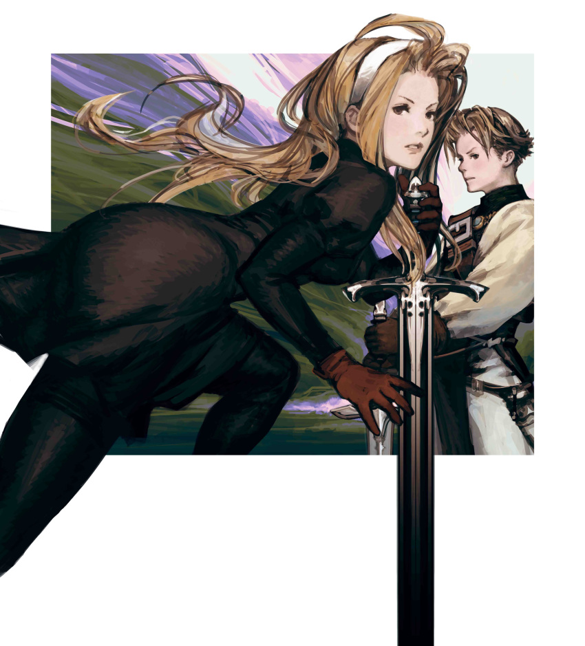 1boy blonde_hair brother_and_sister brown_eyes brown_hair catiua_powell denim_powell female gloves hairband highres long_hair official_art pantyhose photoshop_(medium) siblings sword tactics_ogre weapon yoshida_akihiko